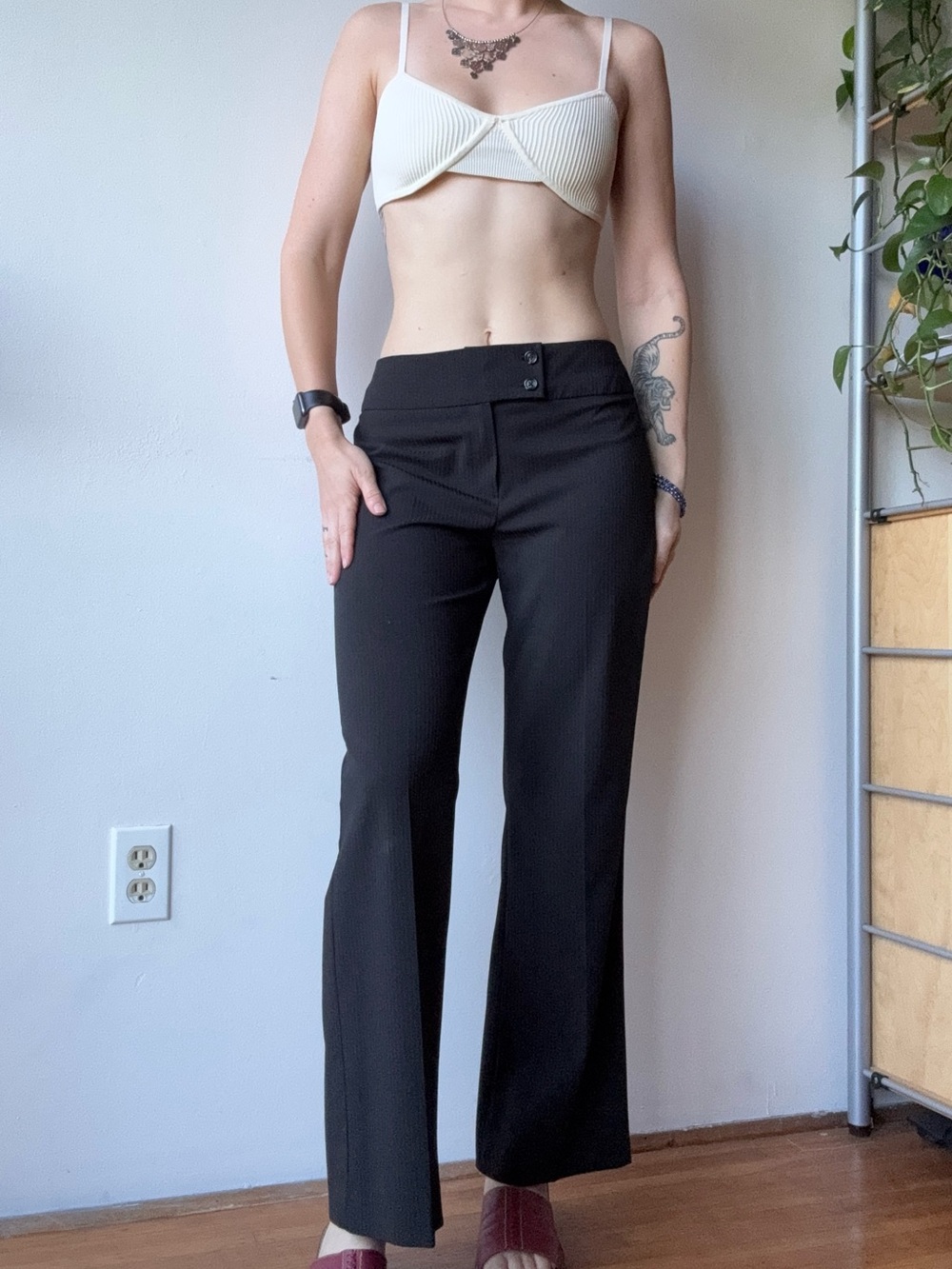 Y2K Black Striped Straight Leg Dress Pants - Made in Canada